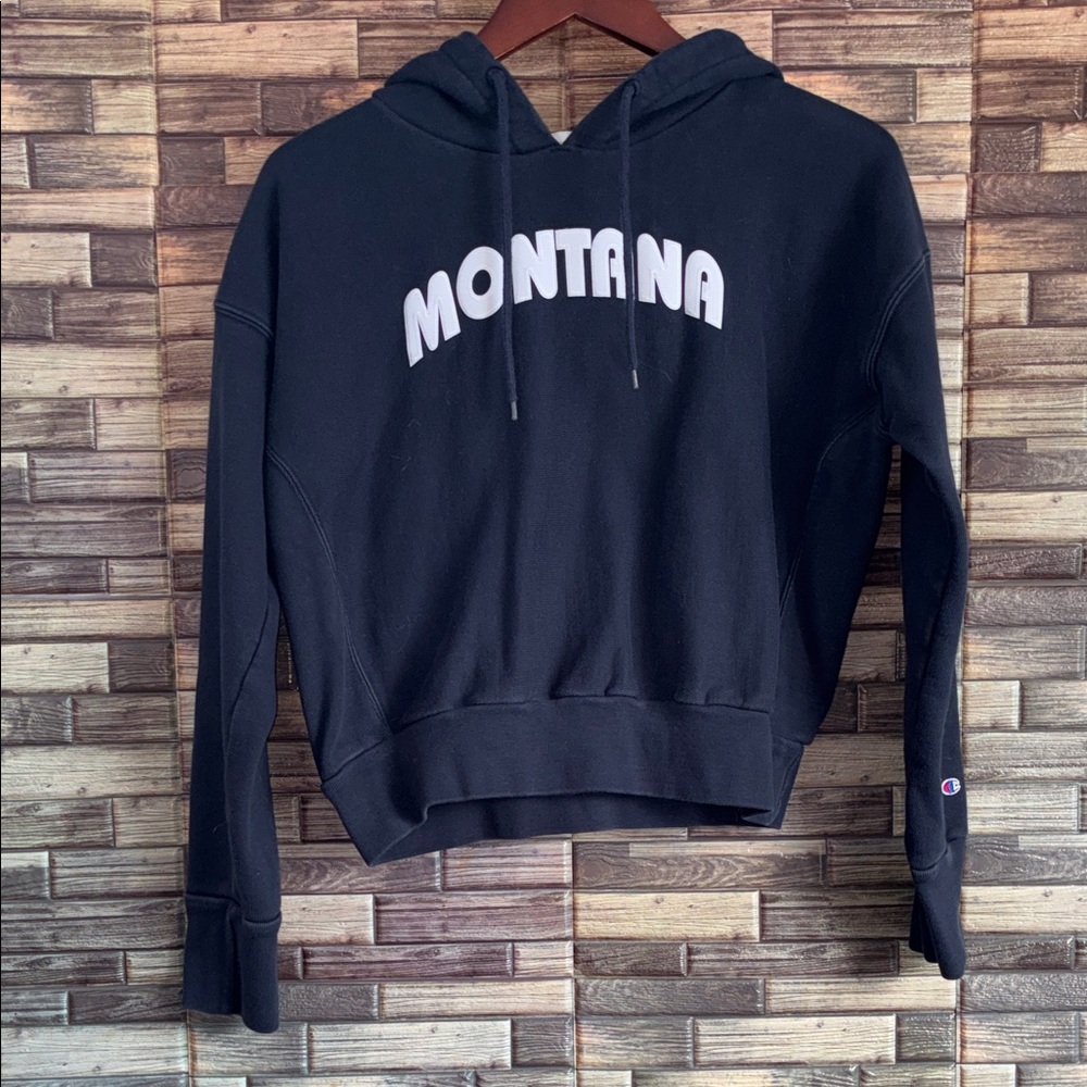 EUC Champion Reverse Weave Women's Dark Hoodie with Montana Print Medium